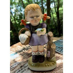 Vintage Country Girl Figurine Purple Dress Flowers with Picnic Basket Pigtails